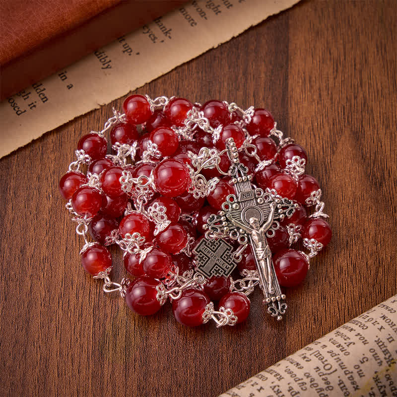 Glossy Red Glass Bead Rosary with Jerusalem Cross: Emblem of Noble Heavenly Redemption