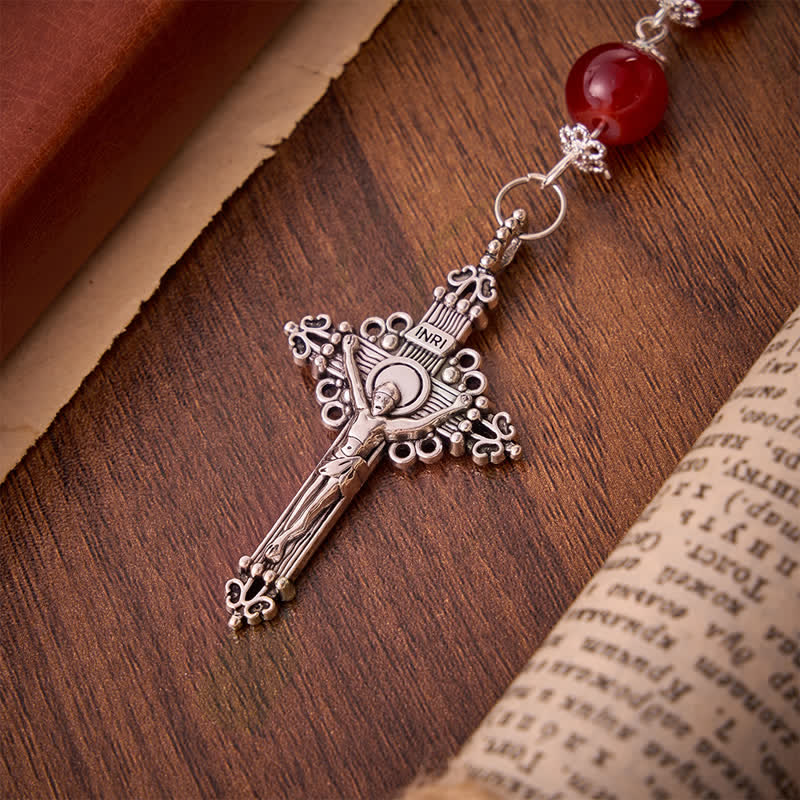 Glossy Red Glass Bead Rosary with Jerusalem Cross: Emblem of Noble Heavenly Redemption