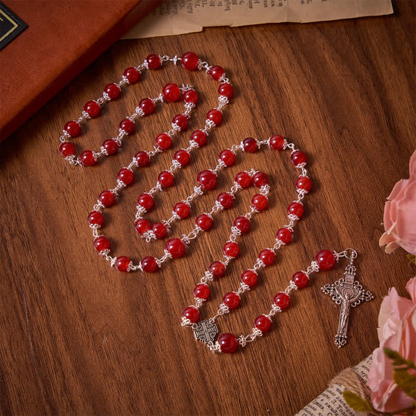 Glossy Red Glass Bead Rosary with Jerusalem Cross: Emblem of Noble Heavenly Redemption