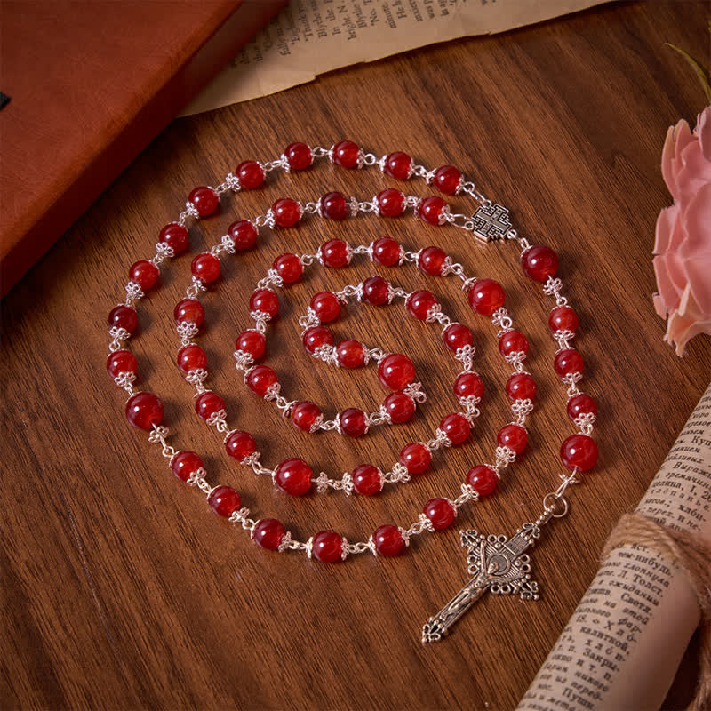 Glossy Red Glass Bead Rosary with Jerusalem Cross: Emblem of Noble Heavenly Redemption
