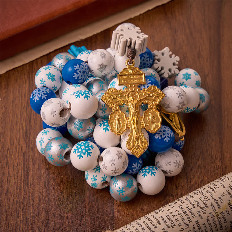 Snowflake Wooden Bead Rosary with Holy Spirit Heart Medal: Emblem of Pure Heavenly Serenity