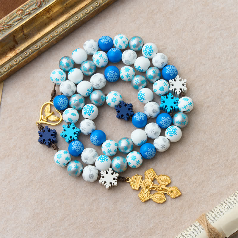 Snowflake Wooden Bead Rosary with Holy Spirit Heart Medal: Emblem of Pure Heavenly Serenity