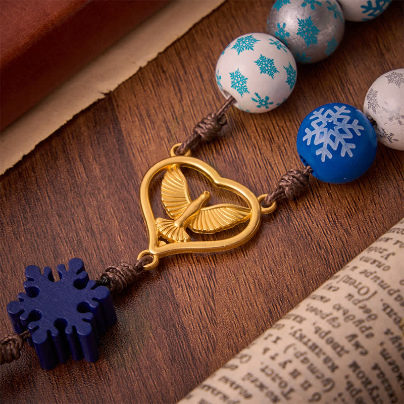 Snowflake Wooden Bead Rosary with Holy Spirit Heart Medal: Emblem of Pure Heavenly Serenity