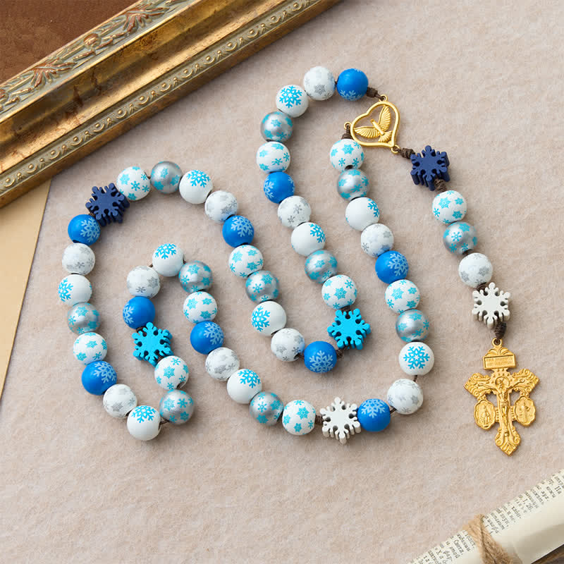 Snowflake Wooden Bead Rosary with Holy Spirit Heart Medal: Emblem of Pure Heavenly Serenity