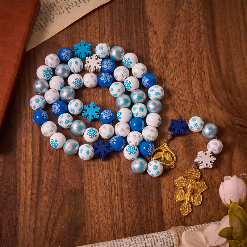 Snowflake Wooden Bead Rosary with Holy Spirit Heart Medal: Emblem of Pure Heavenly Serenity