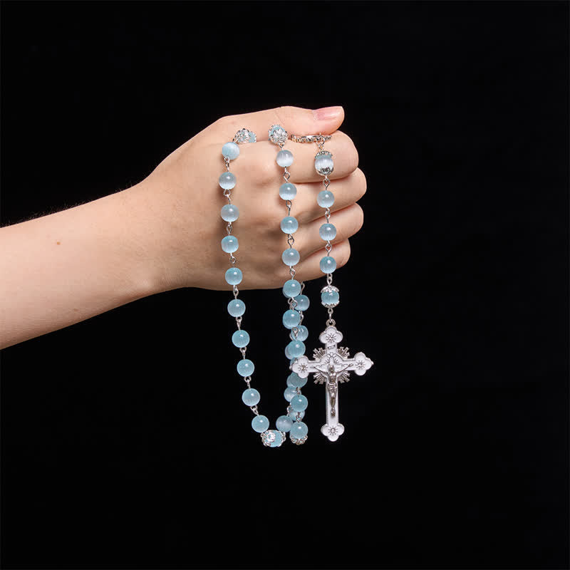 Pale Sky Cat's Eye Bead Rosary & St. Benedict Cross: Emblem of Quiet Sacred Guidance