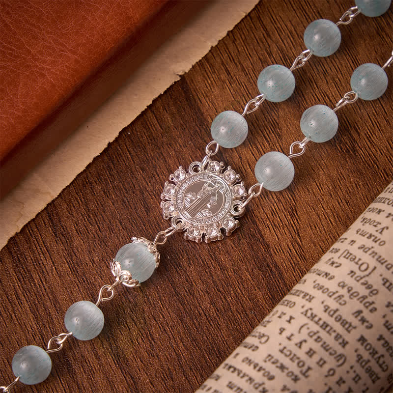 Pale Sky Cat's Eye Bead Rosary & St. Benedict Cross: Emblem of Quiet Sacred Guidance