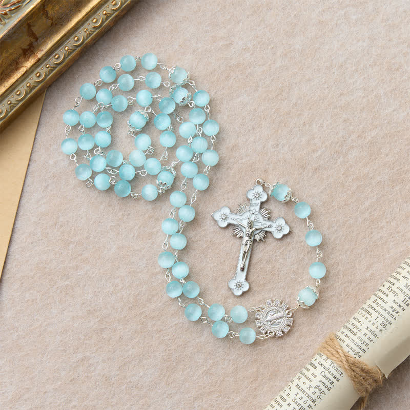 Pale Sky Cat's Eye Bead Rosary & St. Benedict Cross: Emblem of Quiet Sacred Guidance