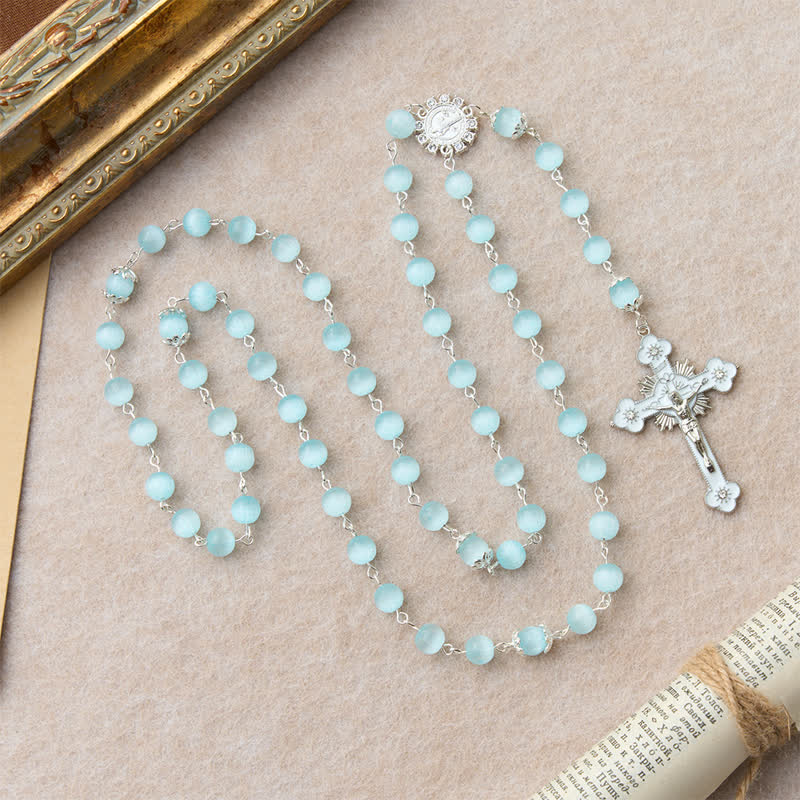Pale Sky Cat's Eye Bead Rosary & St. Benedict Cross: Emblem of Quiet Sacred Guidance