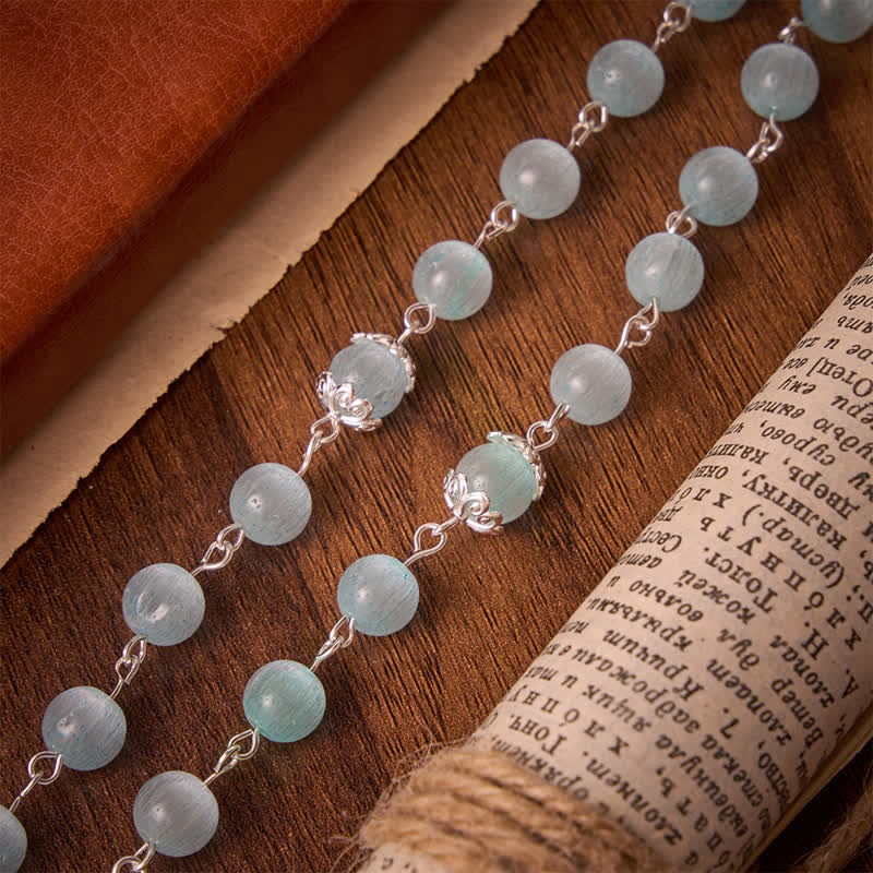 Pale Sky Cat's Eye Bead Rosary & St. Benedict Cross: Emblem of Quiet Sacred Guidance