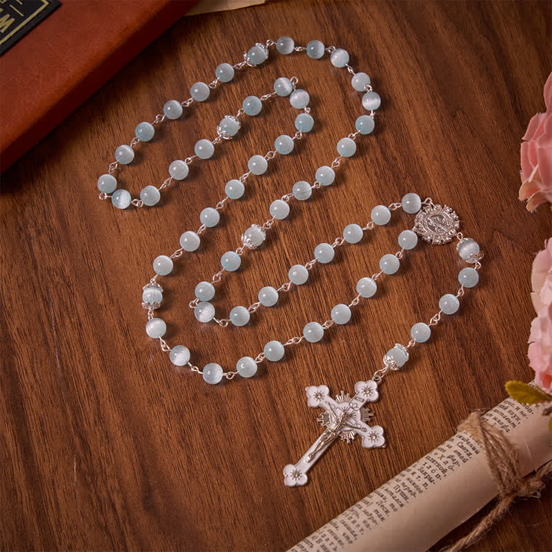 Pale Sky Cat's Eye Bead Rosary & St. Benedict Cross: Emblem of Quiet Sacred Guidance