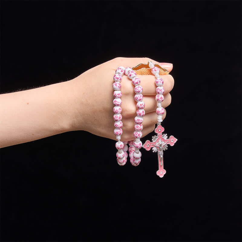 Pink Floral Porcelain Bead Rosary with Our Lady of Aparecida Medallion