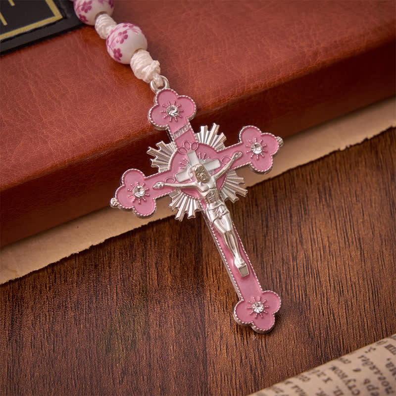 Pink Floral Porcelain Bead Rosary with Our Lady of Aparecida Medallion