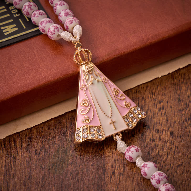 Pink Floral Porcelain Bead Rosary with Our Lady of Aparecida Medallion