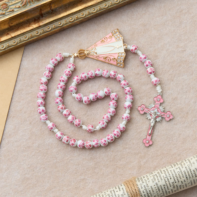 Pink Floral Porcelain Bead Rosary with Our Lady of Aparecida Medallion