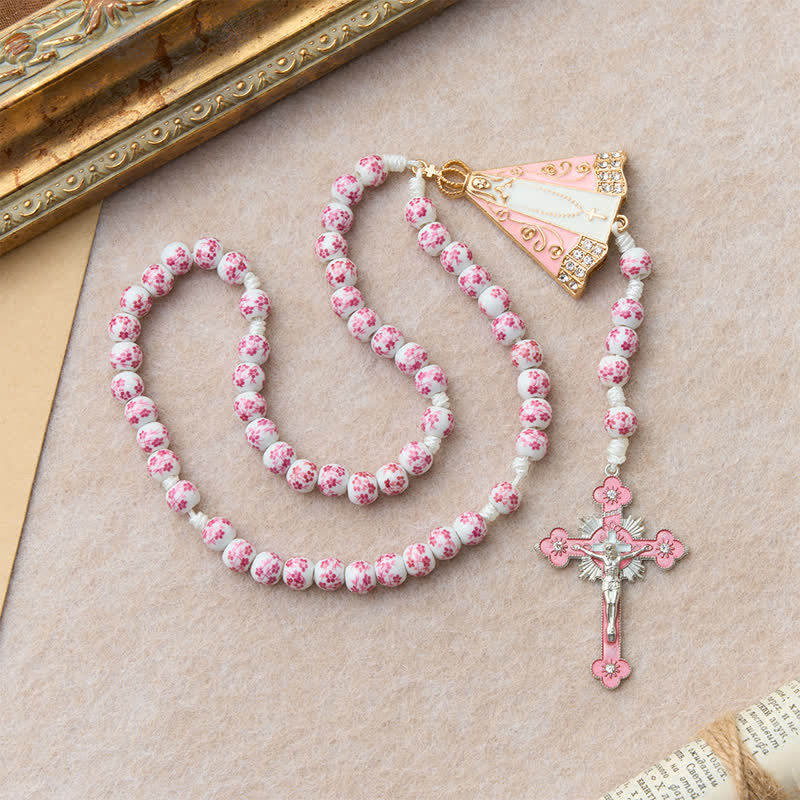 Pink Floral Porcelain Bead Rosary with Our Lady of Aparecida Medallion
