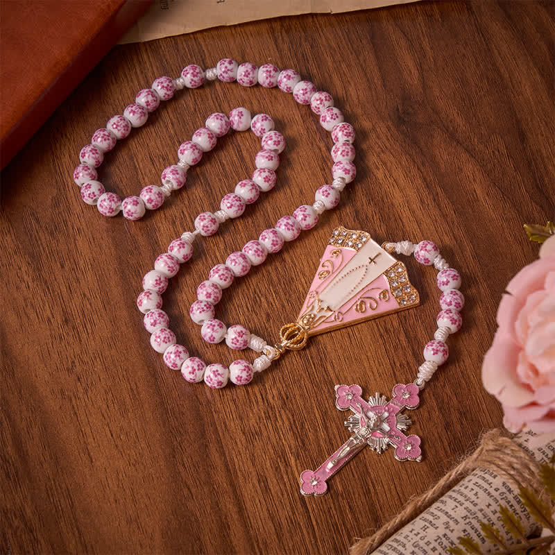 Pink Floral Porcelain Bead Rosary with Our Lady of Aparecida Medallion