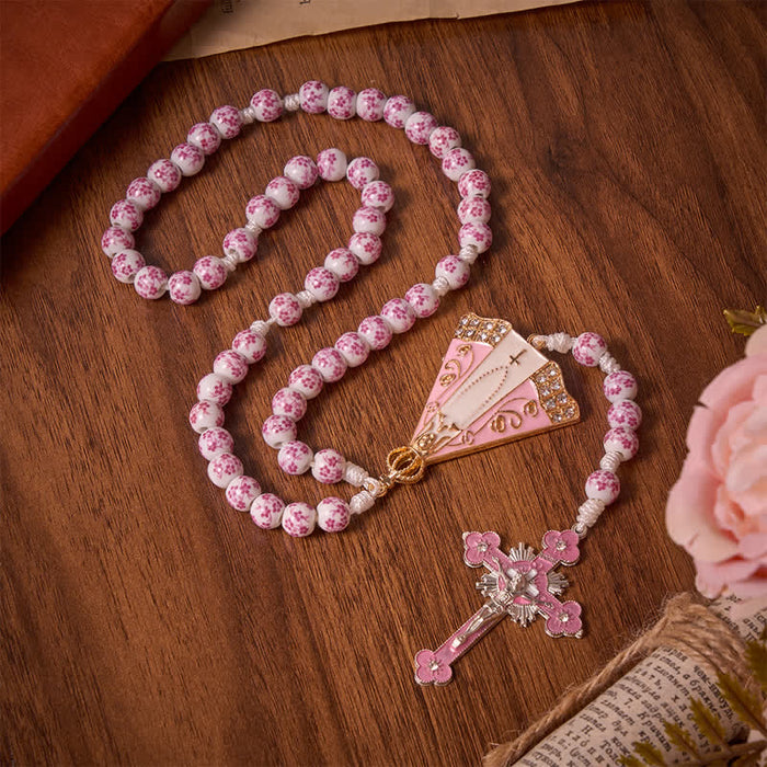 Pink Floral Porcelain Bead Rosary with Our Lady of Aparecida Medallion