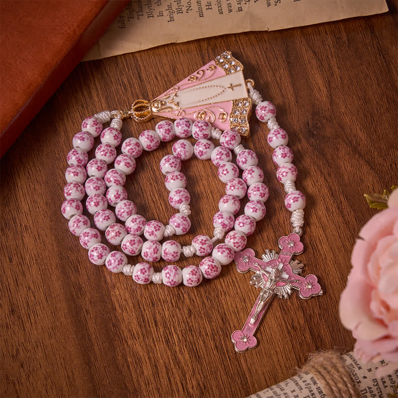 Pink Floral Porcelain Bead Rosary with Our Lady of Aparecida Medallion