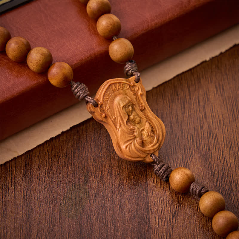 Natural Timber Prayer Rosary & Madonna and Child Motif: Token of Abiding Divine Warmth