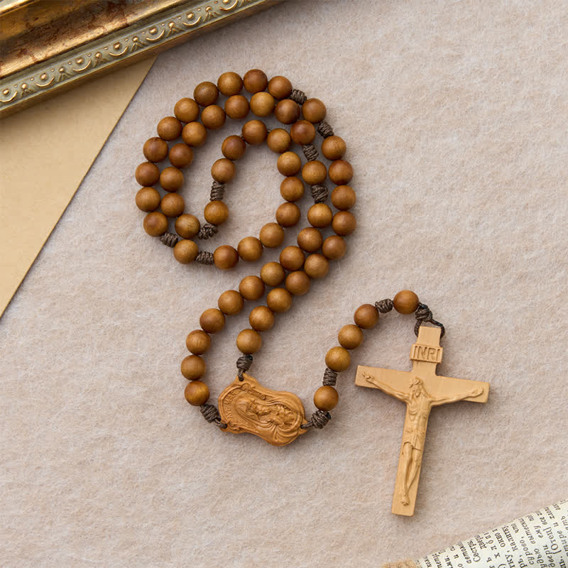 Natural Timber Prayer Rosary & Madonna and Child Motif: Token of Abiding Divine Warmth