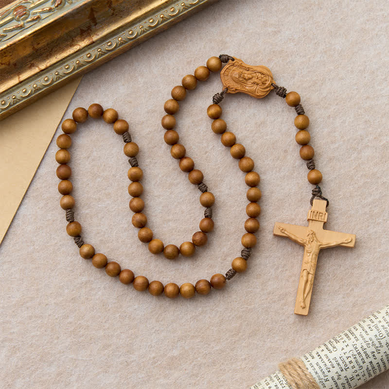 Natural Timber Prayer Rosary & Madonna and Child Motif: Token of Abiding Divine Warmth