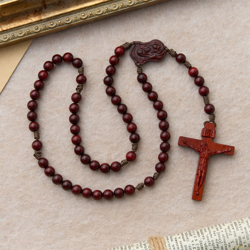Natural Timber Prayer Rosary & Madonna and Child Motif: Token of Abiding Divine Warmth