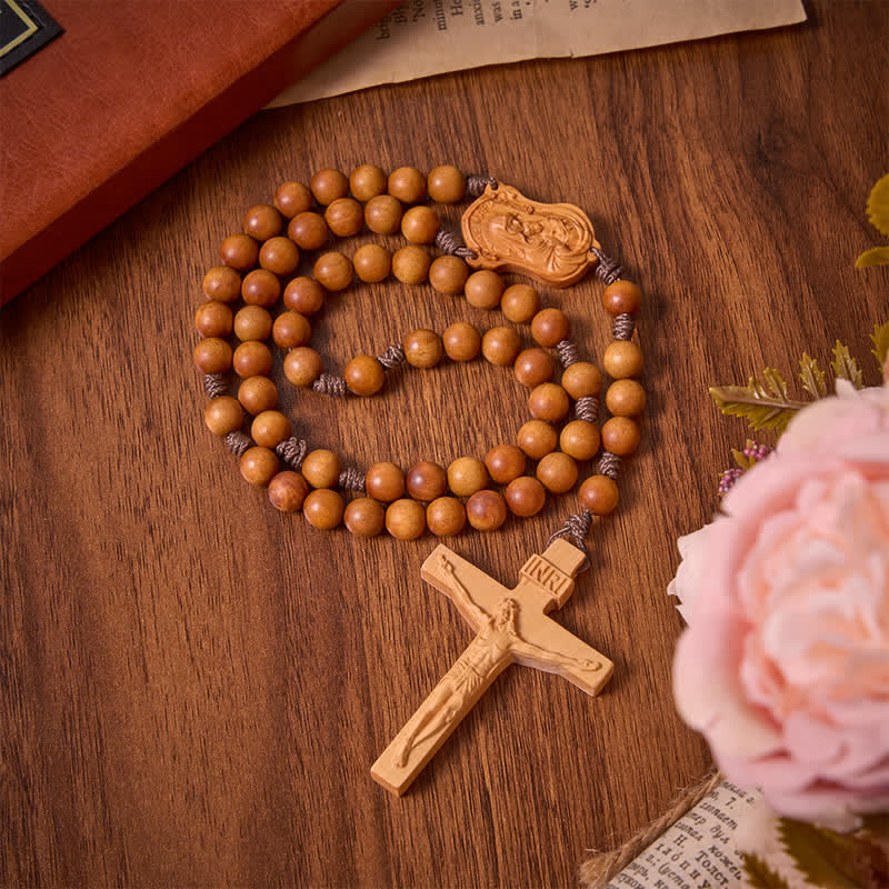 Natural Timber Prayer Rosary & Madonna and Child Motif: Token of Abiding Divine Warmth