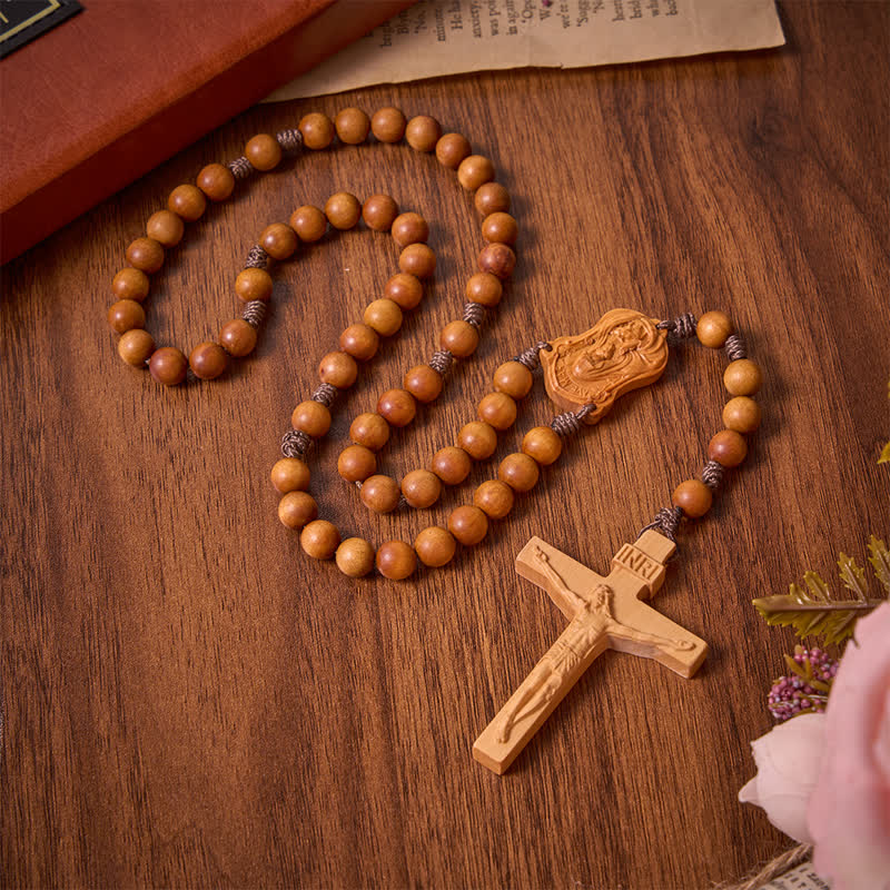 Natural Timber Prayer Rosary & Madonna and Child Motif: Token of Abiding Divine Warmth