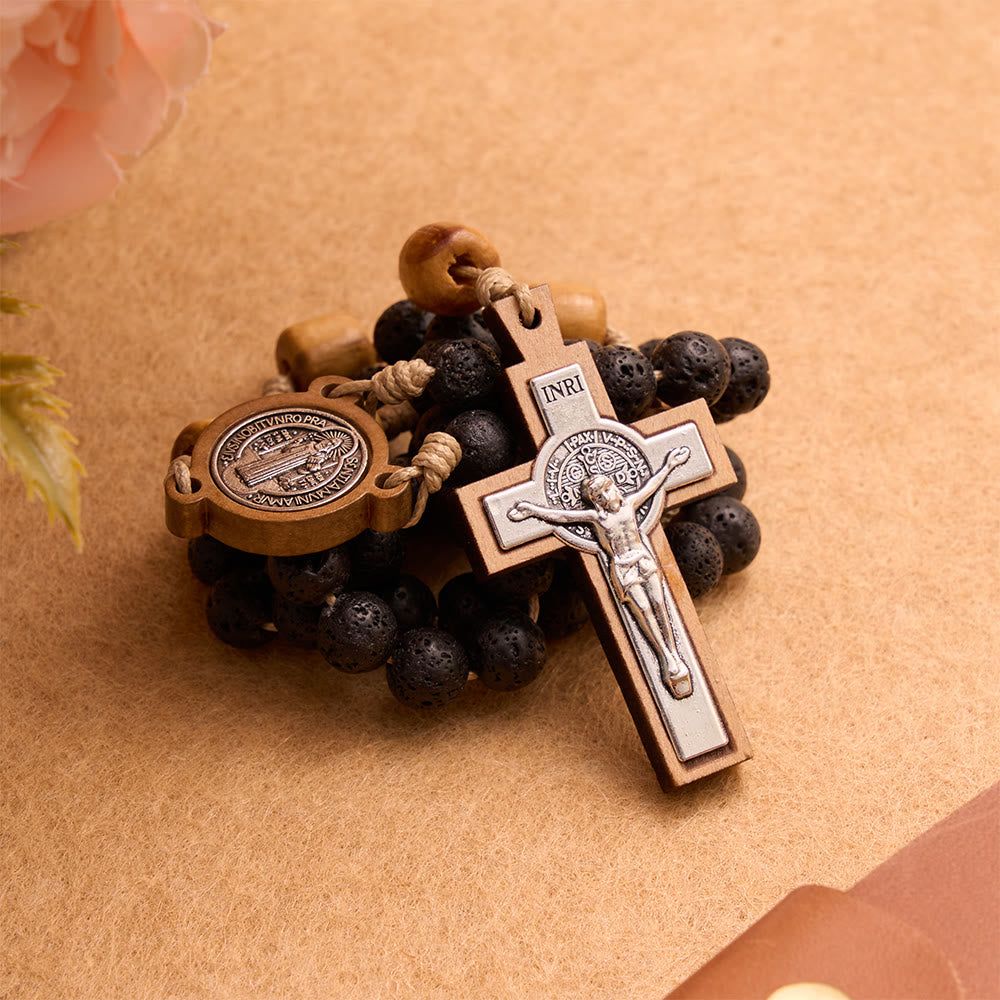 Natural Durable Volcanic Stone Rosary with St. Benedict Medal & Crucifix