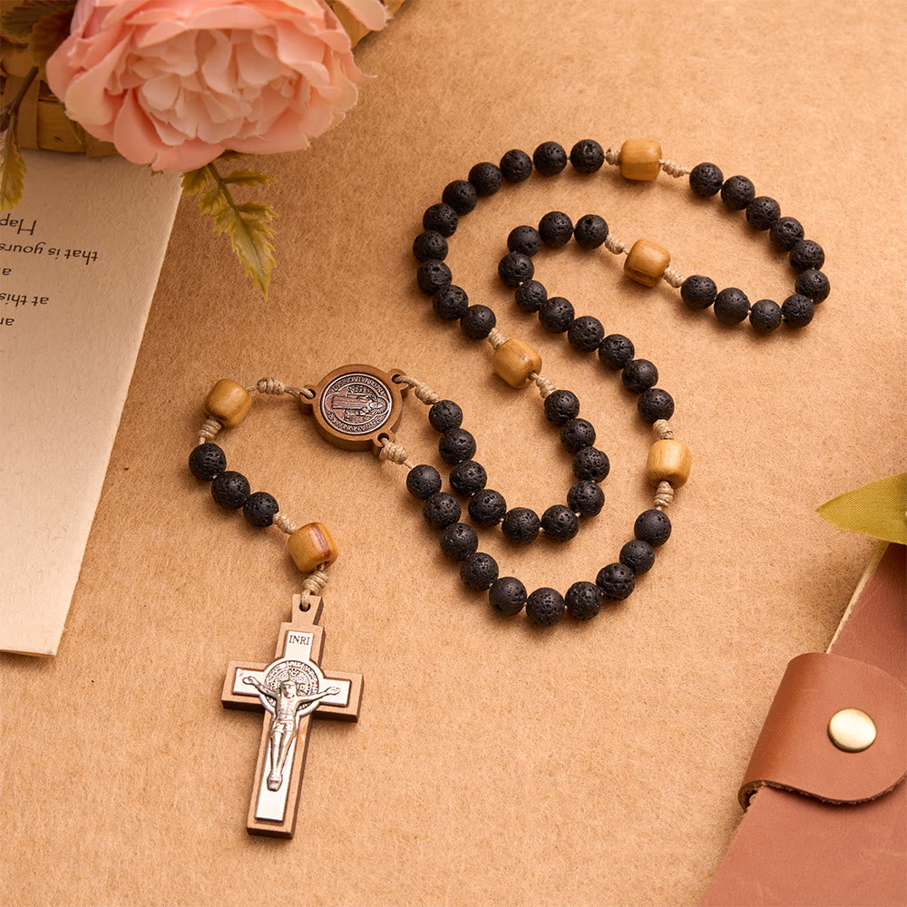Natural Durable Volcanic Stone Rosary with St. Benedict Medal & Crucifix
