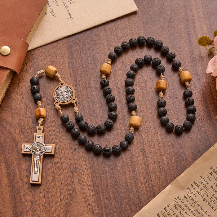 Natural Durable Volcanic Stone Rosary with St. Benedict Medal & Crucifix