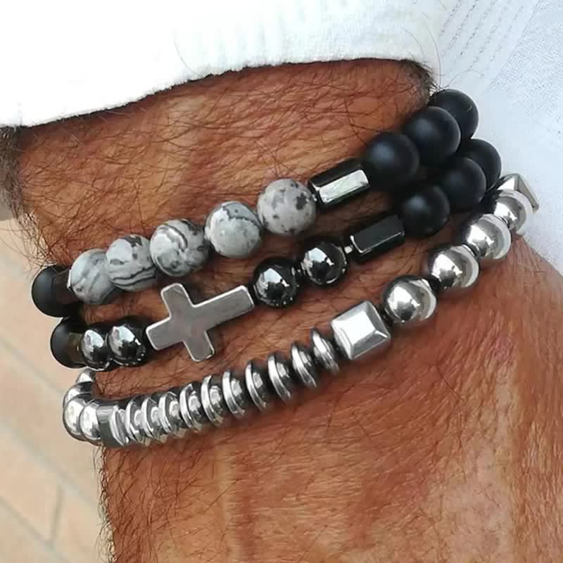 Layered Stone & Copper Cross Bracelet: Symbol of Gentle Divine Guardianship