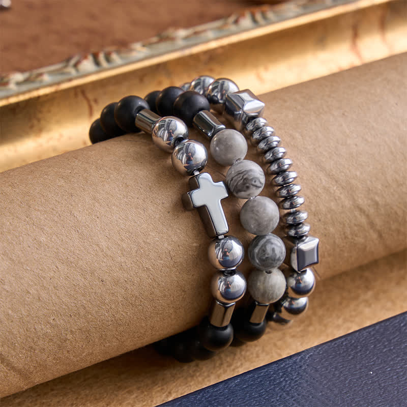 Layered Stone & Copper Cross Bracelet: Symbol of Gentle Divine Guardianship
