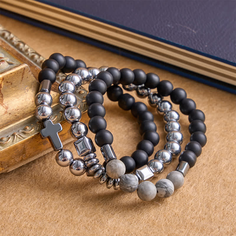 Layered Stone & Copper Cross Bracelet: Symbol of Gentle Divine Guardianship