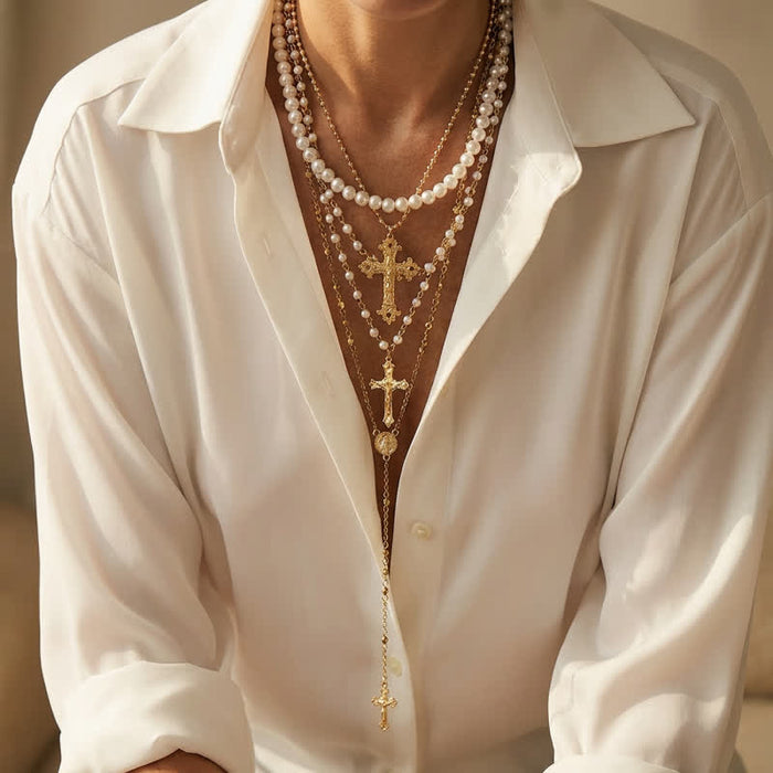 Vintage Stacked Crucifix Our Lady Pendant Necklace: Token of Abiding Divine Peace