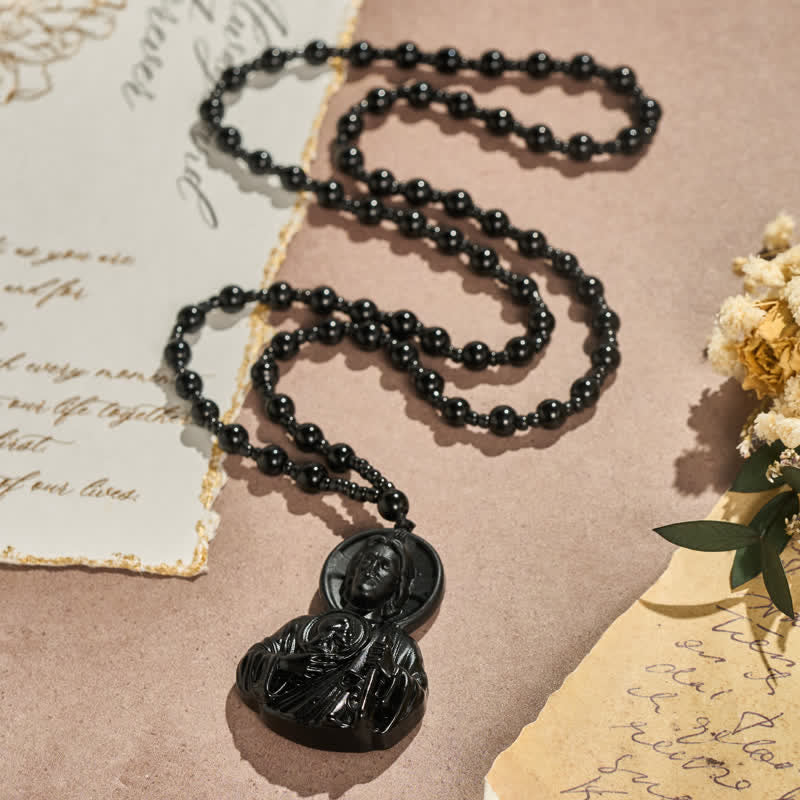 Sculpted Glass Jesus Portrait Beaded Necklace: Symbol of Quiet Sacred Blessing