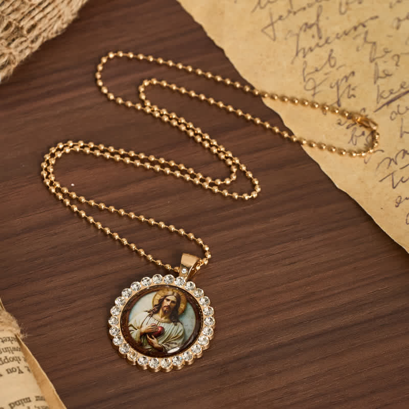 Round Sacred Heart Jesus Alloy Necklace: Symbol of Quiet Sacred Blessing