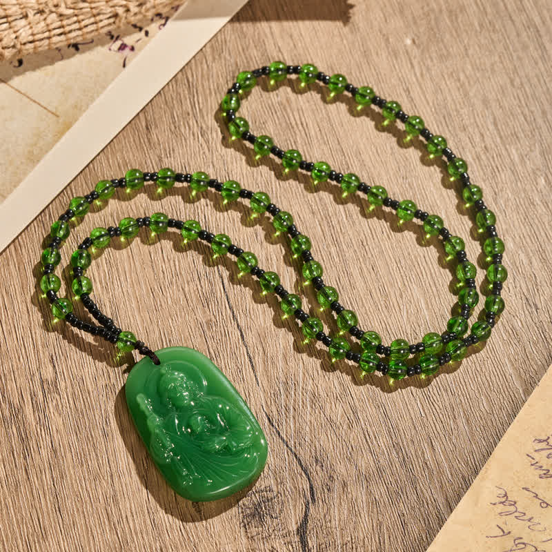 Polished Glass Jesus Portrait Pendant Bead Necklace: Token of Gentle Divine Shelter
