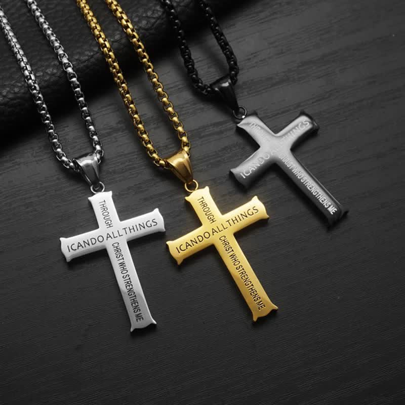Stainless Steel Cross Pendant Necklace with Philippians 4:13 Quote: A Reminder of Divine Strengthening