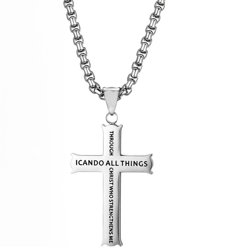 Stainless Steel Cross Pendant Necklace with Philippians 4:13 Quote: A Reminder of Divine Strengthening