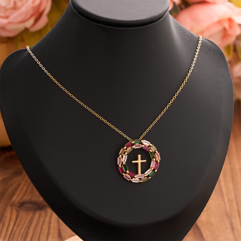 Gem Wreath Cross Copper Necklace: Emblem of Timeless Heavenly Grace
