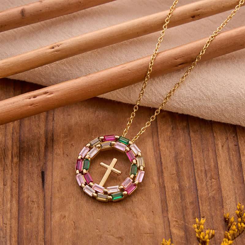 Gem Wreath Cross Copper Necklace: Emblem of Timeless Heavenly Grace