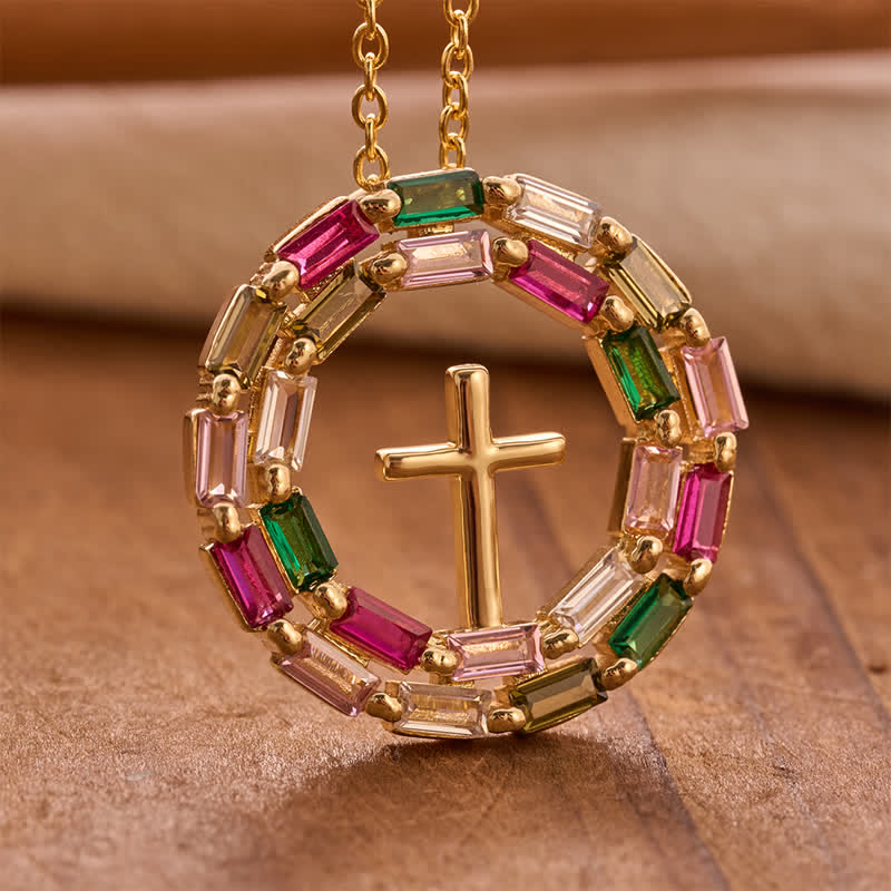 Gem Wreath Cross Copper Necklace: Emblem of Timeless Heavenly Grace