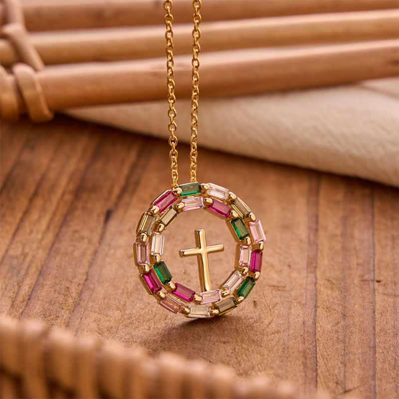 Gem Wreath Cross Copper Necklace: Emblem of Timeless Heavenly Grace