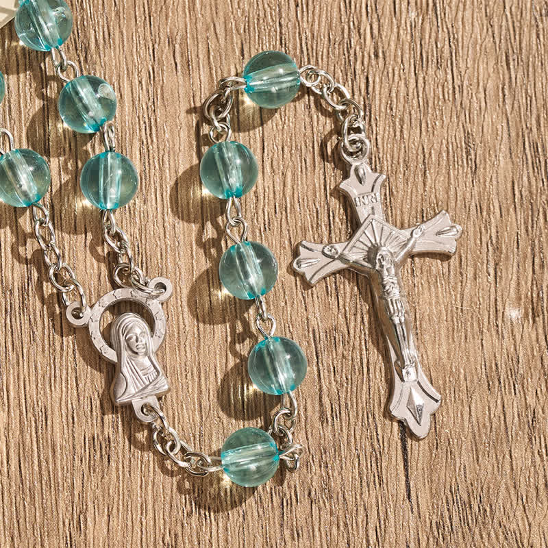 Our Lady & Crucifix of 8mm Round Acrylic Blue Alloy Chain Rosary