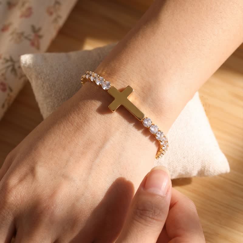 Sleek Stainless Steel Cross Tennis Bracelet: Beacon of Quiet Heavenly Fortitude