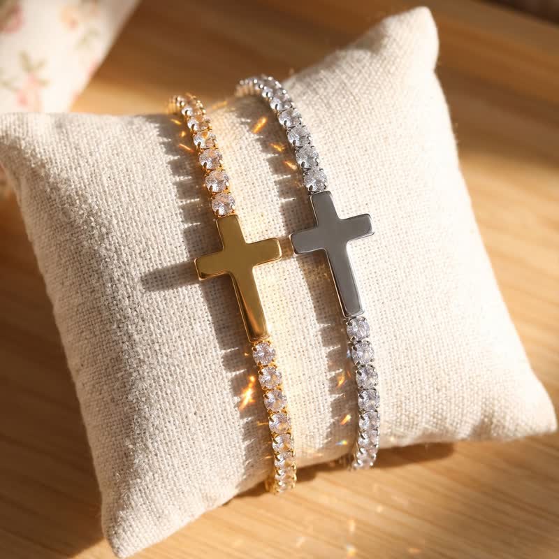 Sleek Stainless Steel Cross Tennis Bracelet: Beacon of Quiet Heavenly Fortitude