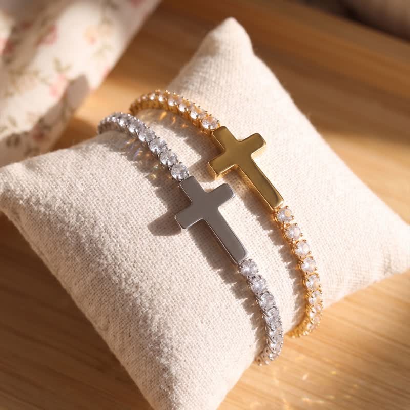 Sleek Stainless Steel Cross Tennis Bracelet: Beacon of Quiet Heavenly Fortitude