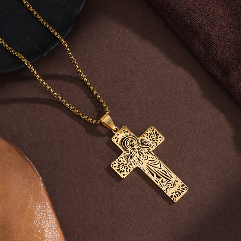 Detailed Etched Our Lady Cross Pendant Necklace: Bearer of Calming Divine Solace